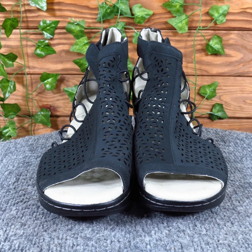 JBU Nelly Women Wedge Sandal 9.5 Fashion Travel Laser Cut Black Vegan Textile